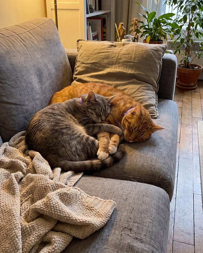 Due gatti addormentati insieme con il loro collare Paisilou